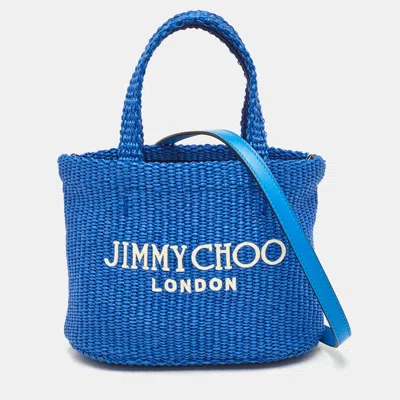 Pre-owned Jimmy Choo Beach Mini Blue Woven Raffia Logo Tote