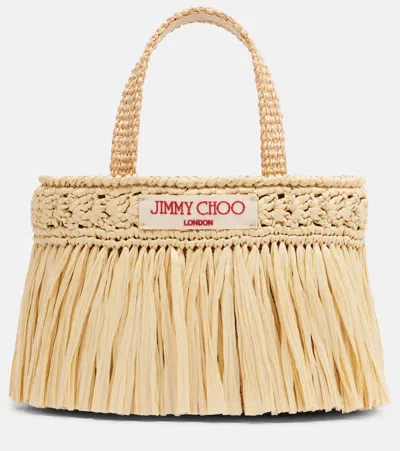 Jimmy Choo Beach Mini Fringed Raffia Tote Bag In Sand