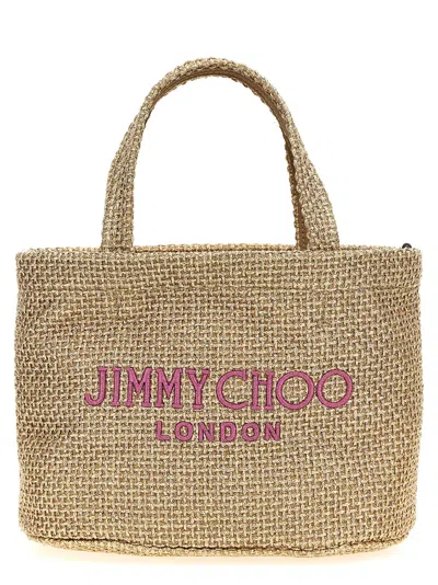 Jimmy Choo Mini Beach Shopping Bag With Woven Texture In Gold