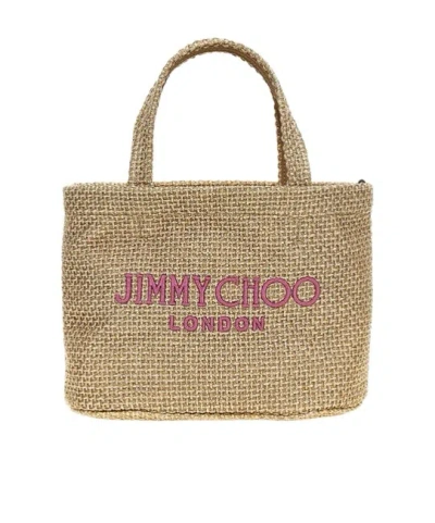 Jimmy Choo Mini Beach Shopping Bag With Woven Texture In Gold