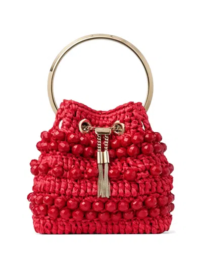 Jimmy Choo Beaded Handle Bucket Bag In Red