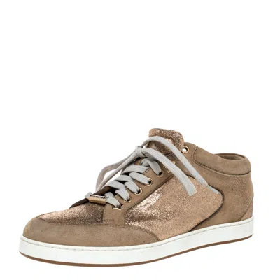 Jimmy Choo Beige Glitter And Suede Miami Lace Up Sneakers In Brown