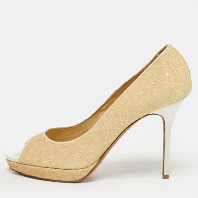 Jimmy Choo Beige Glitter Dahlia Peep Toe Pumps In Gold