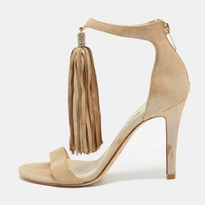 Pre-owned Jimmy Choo Beige Glitter Nubuck Leather Voila Ankle Strap Sandals Size 36