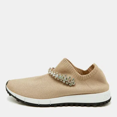 Jimmy Choo Beige Knit Fabric Crystal Embellished Verona Sneakers In Neutral