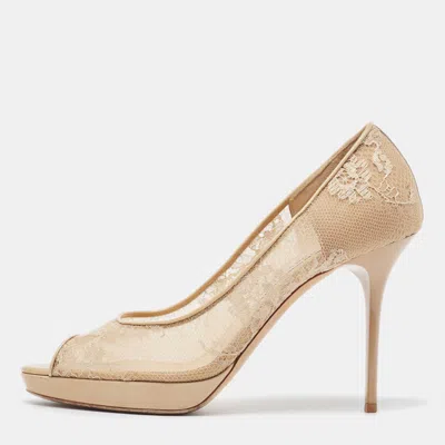Jimmy Choo Beige Lace And Patent Leather Luna Peep Toe Pumps In Multi