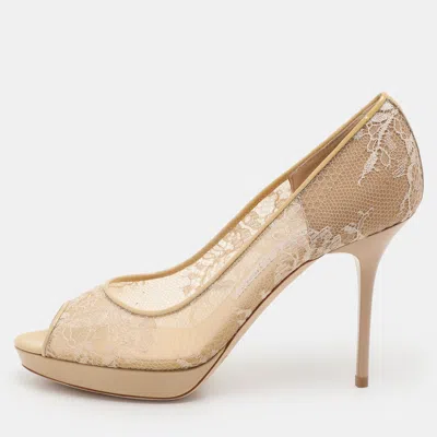 Jimmy Choo Beige Lace Luna Peep Toe Pumps In Brown