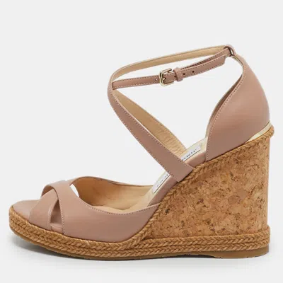 Pre-owned Jimmy Choo Beige Leather Alanah Cork Wedge Espadrille Sandals Size 39
