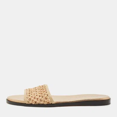 Pre-owned Jimmy Choo Beige Leather And Raffia Flat Slides Size 38 In Sand