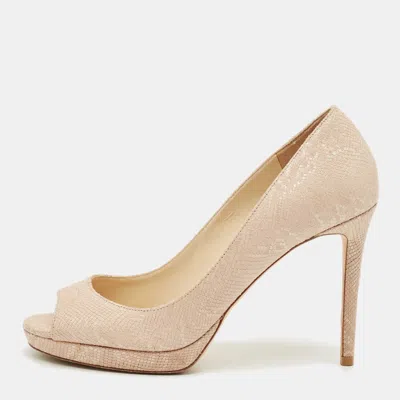 Pre-owned Jimmy Choo Beige Lizard Embossed Leather Peep Toe Pumps Size 38 In Sand