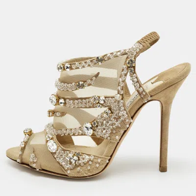 Pre-owned Jimmy Choo Beige Mesh And Suede Crystal Embellished Slingback Sandals Size 37