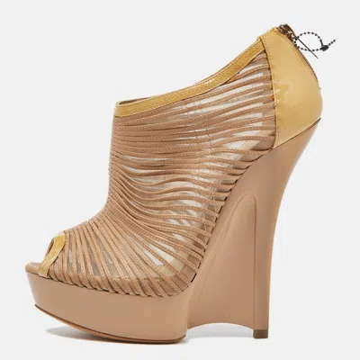 Jimmy Choo Beige Patent Leather And Mesh Wedge Peep Toe Platform Ankle Booties In Brown