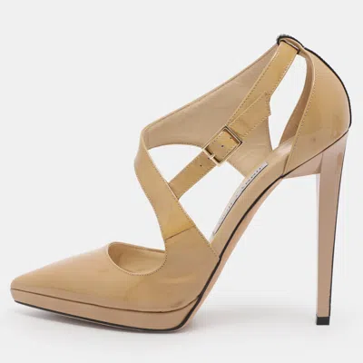 Pre-owned Jimmy Choo Beige Patent Leather Ankle Strap Pumps Size 38 In Sand