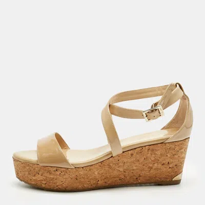 Jimmy Choo Beige Patent Leather Cork Wedge Cross Strap Sandals In Brown