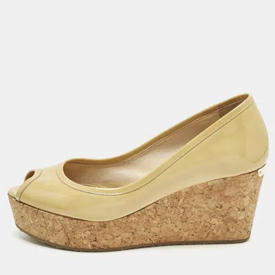 Pre-owned Jimmy Choo Beige Patent Leather Cork Wedge Papina Pumps Size 37.5 In Sand