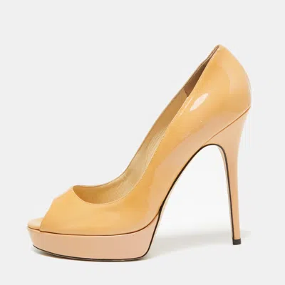 Jimmy Choo Beige Patent Leather Crown Peep-toe Platform Pumps In Gold