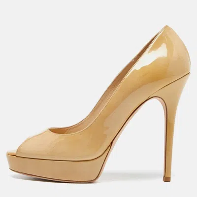 Jimmy Choo Beige Patent Leather Crown Peep Toe Pumps In Brown