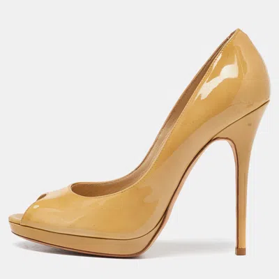Pre-owned Jimmy Choo Beige Patent Leather Crown Peep Toe Pumps Size 40