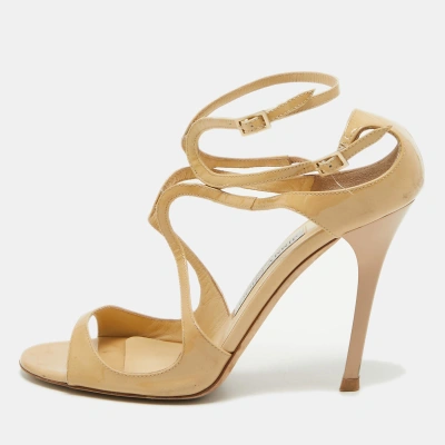 Pre-owned Jimmy Choo Beige Patent Leather Lance Ankle Strap Sandals Size 38