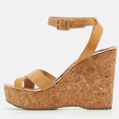 Jimmy Choo Beige Patent Leather Papyrus Cork Wedge Sandals In Nude