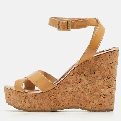 Pre-owned Jimmy Choo Beige Patent Leather Papyrus Cork Wedge Sandals Size 38.5