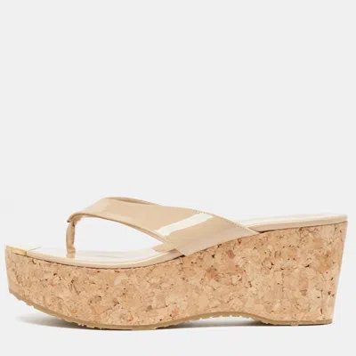Pre-owned Jimmy Choo Beige Patent Leather Pathos Thong Cork Wedge Slides Size 37.5