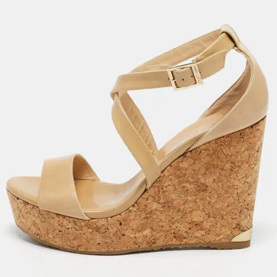 Jimmy Choo Beige Patent Leather Portia Wedge Sandals In Brown