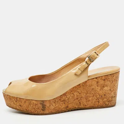 Jimmy Choo Beige Patent Leather Prova Cork Platform Wedge Pumps In Brown