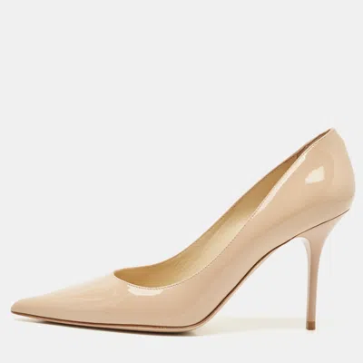 Jimmy Choo Beige Patent Leather Romy Pointed Toe Pumps In Nude