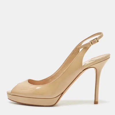 Jimmy Choo Beige Patent Nova Peep Toe Slingback Pumps In Brown