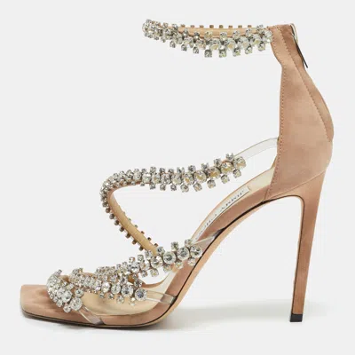 Pre-owned Jimmy Choo Beige Pvc And Suede Josefine 100 Crystals Embellished Sandals Size 40