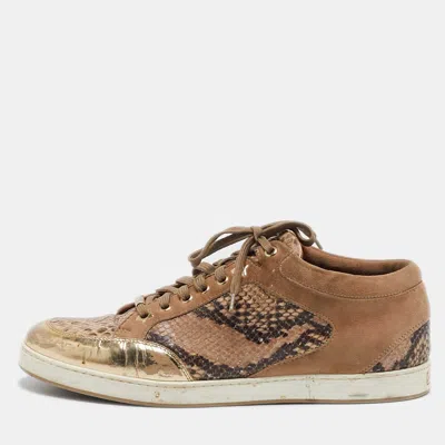 Pre-owned Jimmy Choo Beige Python Embossed Leather And Suede Miami Lace Up Sneakers Size 40