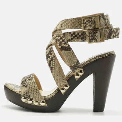 Pre-owned Jimmy Choo Beige Python Embossed Leather Unity Strappy Wooden Sandals Size 37