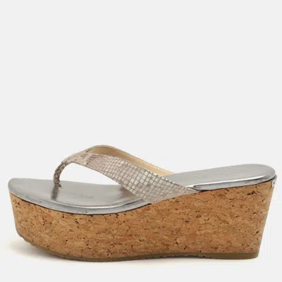 Pre-owned Jimmy Choo Beige Python Texture Suede Paque Cork Platform Thong Sandals Size 41