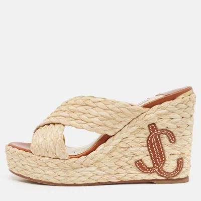 Pre-owned Jimmy Choo Beige Raffia Dovina Wedge Sandals Size 36