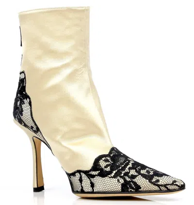 Pre-owned Jimmy Choo Beige Satin Black Lace Detail Casual Boots Sz 37 M Made In Italy