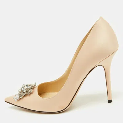 Pre-owned Jimmy Choo Beige Satin Crystal Embellished Manda Pumps Size 38.5 In Sand