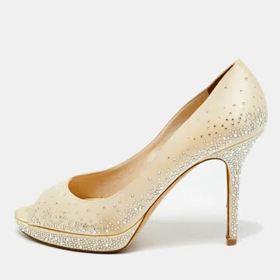 Jimmy Choo Beige Satin Crystal Embellished Peep Toe Pumps In Neutral