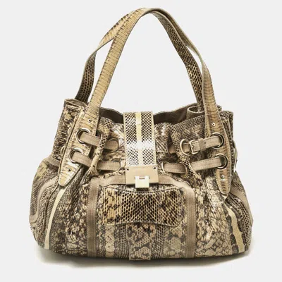 Pre-owned Jimmy Choo Beige Snakeskin And Suede Riki Tote