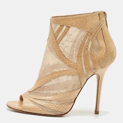 Pre-owned Jimmy Choo Beige Snakeskin Leather And Lace Ankle Length Boots Size 39 In Sand