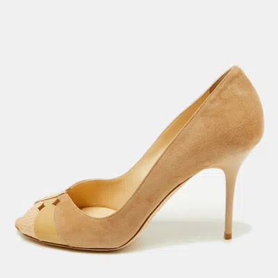 Pre-owned Jimmy Choo Beige Suede And Leather Open Toe Pumps Size 39 In Sand