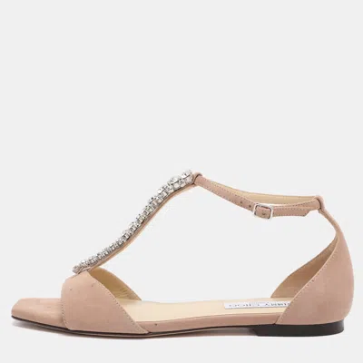 Pre-owned Jimmy Choo Beige Suede Bella Ankle Strap Flats Size 38.5 In Sand