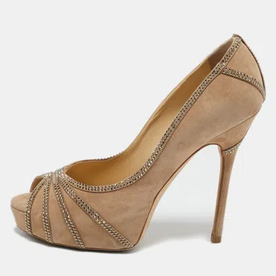 Pre-owned Jimmy Choo Beige Suede Crystal Embellished Kalpa Pumps Size 37