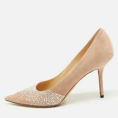 Pre-owned Jimmy Choo Beige Suede Crystal Embellished Love 85 Pumps Size 41.5 In Sand
