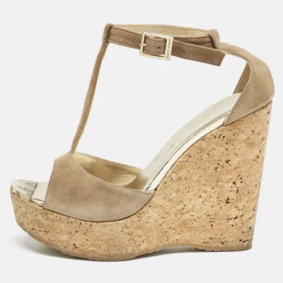 Jimmy Choo Beige Suede Pela Cork T-strap Sandals In Brown