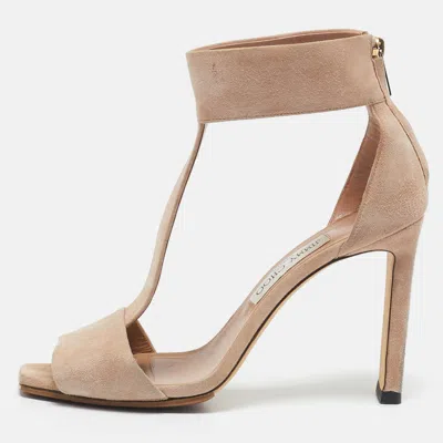 Pre-owned Jimmy Choo Beige Suede T Strap Sandals Size 39