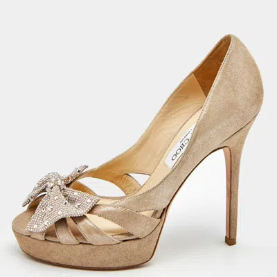 Jimmy Choo Beige Suede Talva Crystal Embellished Bow Peep Toe Platform Pumps In Multi