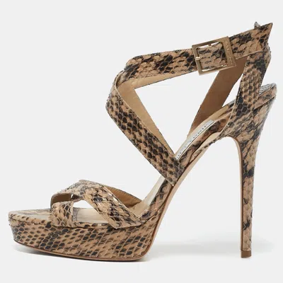 Pre-owned Jimmy Choo Beige/black Elaphe Leather Vamp Sandals Size 39.5