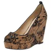 Jimmy Choo Beige/black Lace And Cork Pacific Platform Peep Toe Pumps In Animal Print