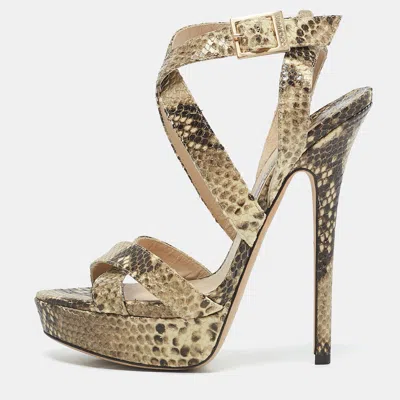 Pre-owned Jimmy Choo Beige/black Python Embossed Leather Ankle Strap Sandals Size 38.5